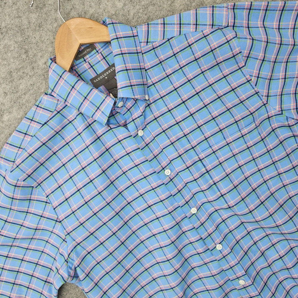 Saddlebred Button Down Shirt Men's Large Blue Plaid Windowpane Short Sleeve Prep